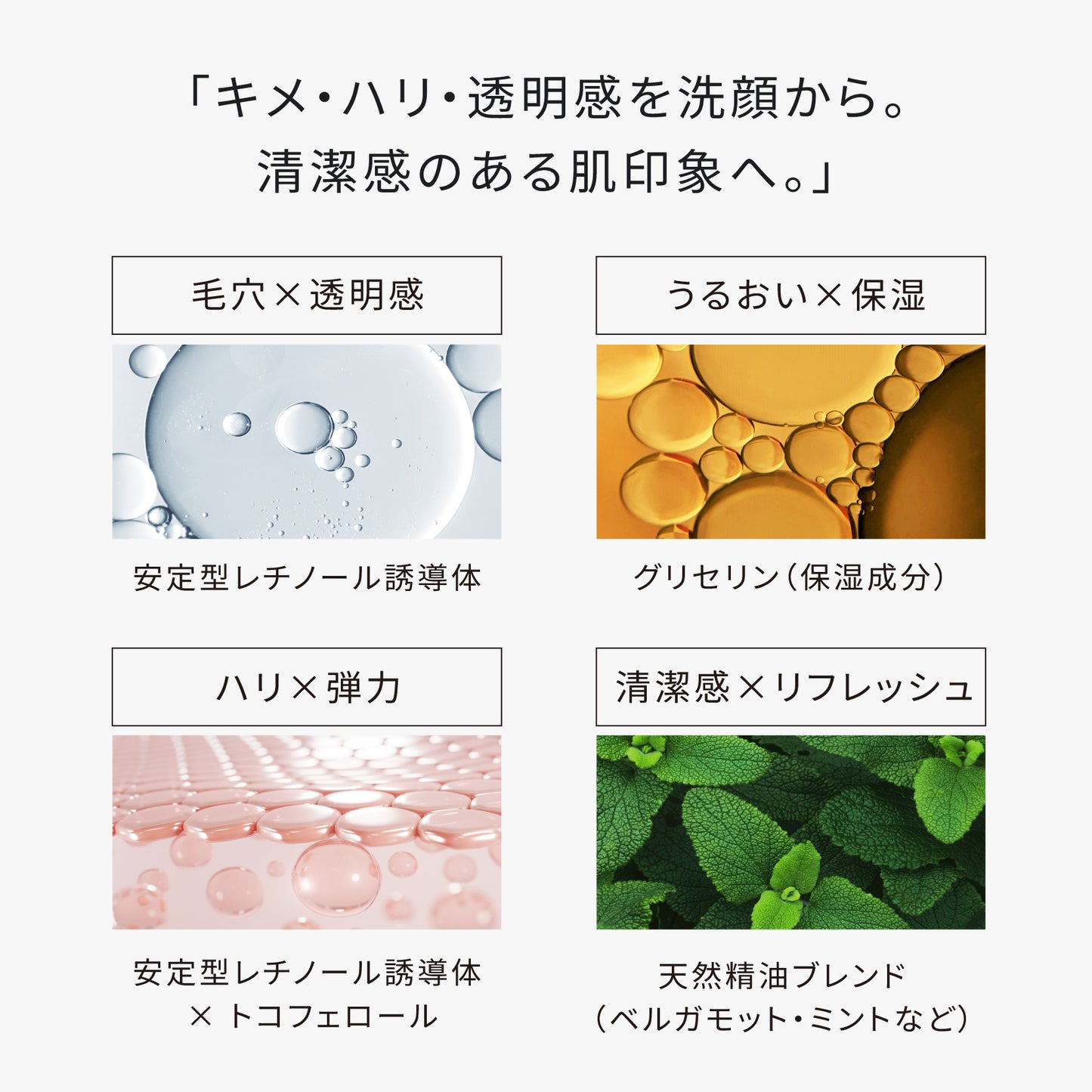 ATIDIMU メンズ洗顔フォームの配合成分イメージ｜レチノール誘導体・グリセリン・トコフェロール・天然精油ブレンド