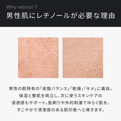 ATIDIMU メンズ化粧水 レチノール誘導体を配合する理由と男性肌の乾燥・皮脂バランスを説明したイメージ