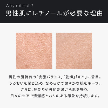 ATIDIMU メンズ乳液 レチノール誘導体を配合する理由と男性肌の乾燥・皮脂バランスを説明したイメージ
