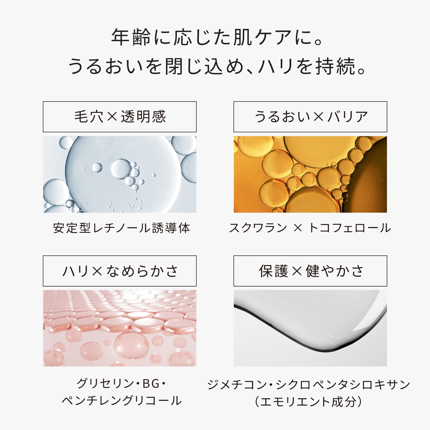 ATIDIMU メンズ乳液の配合成分イメージ｜レチノール誘導体・スクワラン・トコフェロール・グリセリン・BG・ペンチレングリコール・エモリエント成分